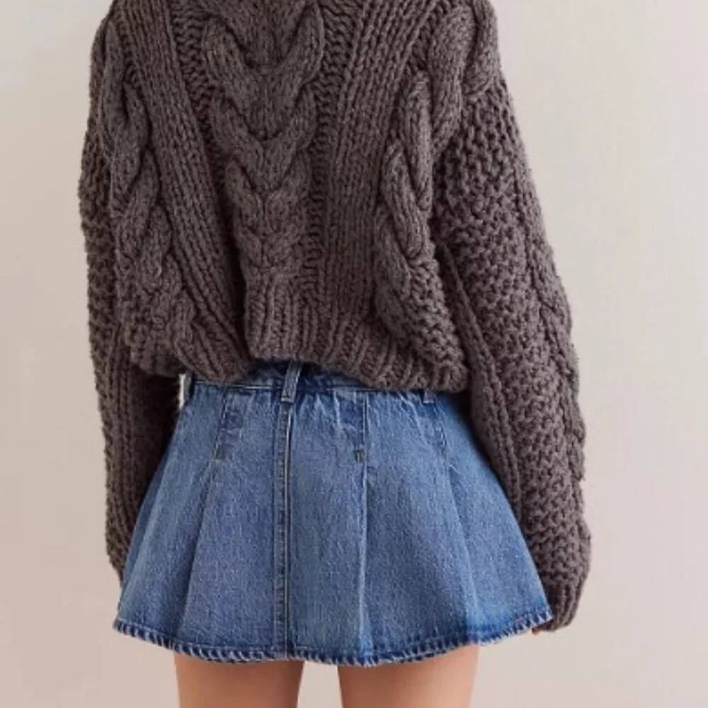 Free People Blue Denim Pleated Mini Skort